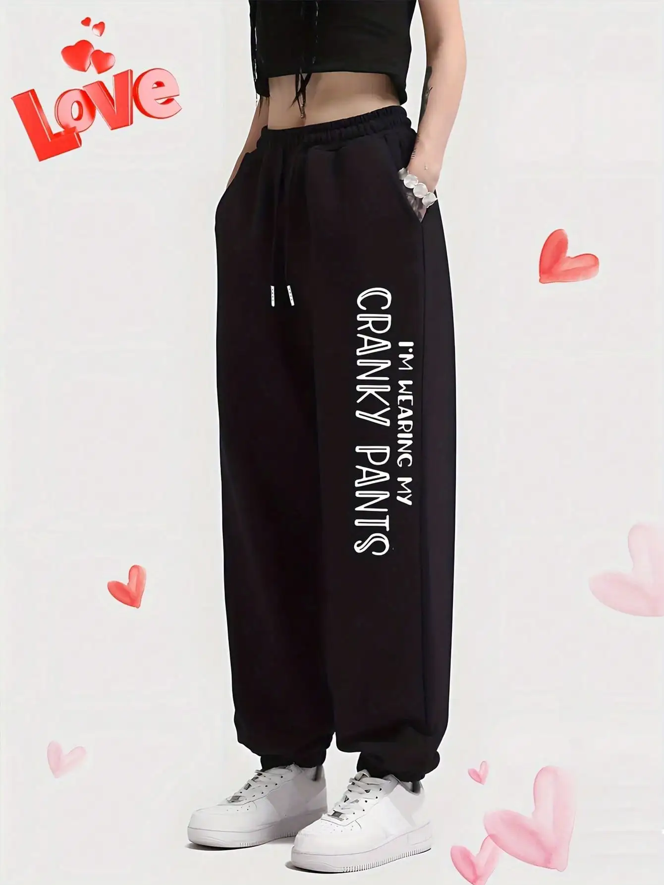 Women's Letter Print Jogger Pants 100% Polyester Knit Sweatpants Elastic Waist Drawstring Loose Fit with Side Pockets Autumn 202