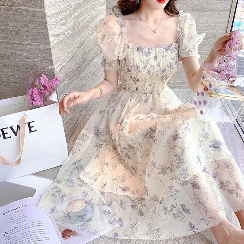 Korean Casual Floral Party Dress Summer White Chiffon Long Dress Elegant Short Sleeve Fairy Dresses Women Vestidos Y2k Dress