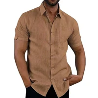 Chemises d'Été en Coton et Lin pour Homme, Chemisiers Décontractés à Manches Courtes, Couleur Unie, Col Rabattu, Vêtements de Plage Formels 2