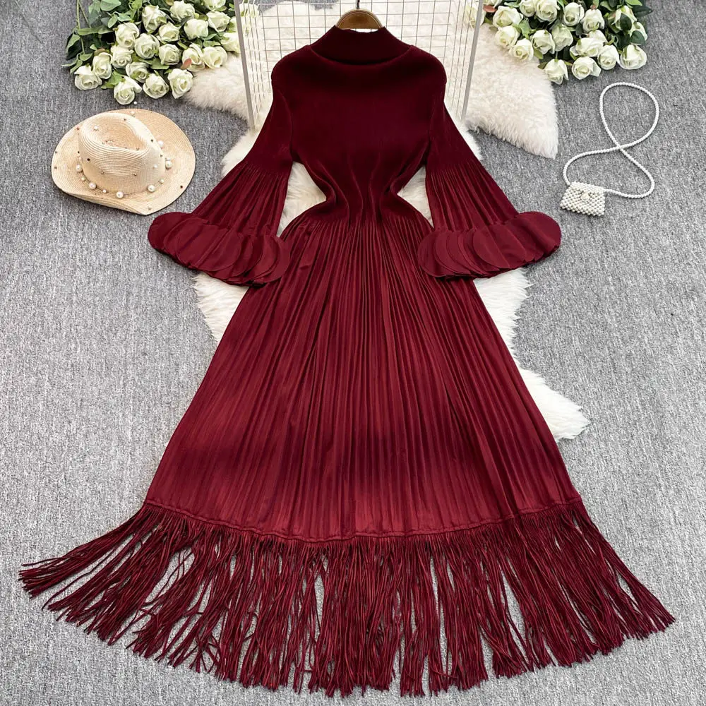 Eleganckie rękawy z rozkloszowanymi płatkami 3D Vintage golf szykowny plisowany frędzel wąska, długa sukienka wieczorowa główna ulica odzież jesienno-zimowa