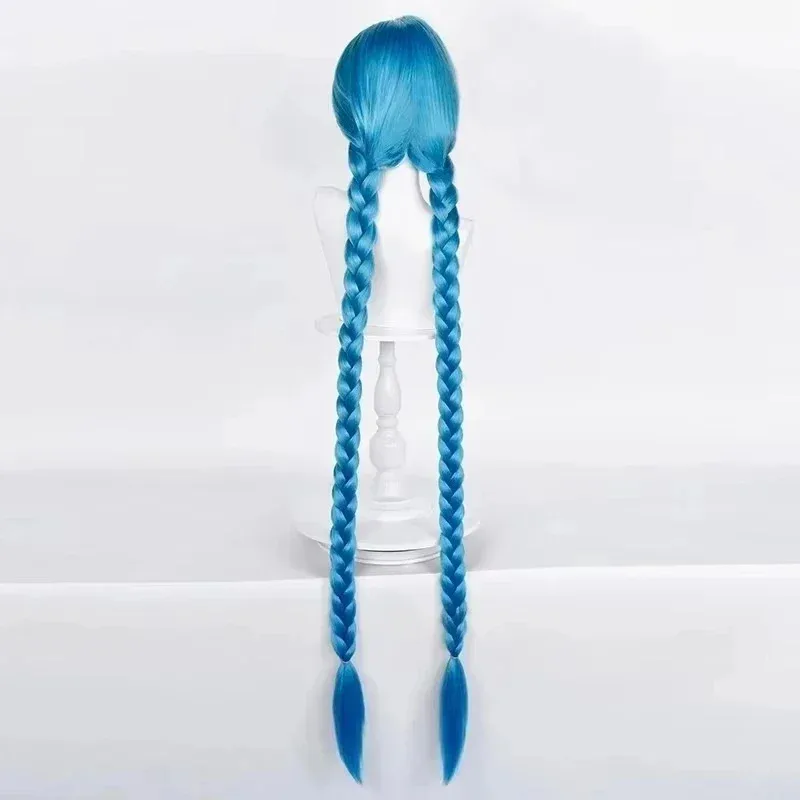 LOL Jinx شعر مستعار طويل مضفر باللون الأزرق مدفع adt مع جديلة زرقاء، شعر مستعار صناعي