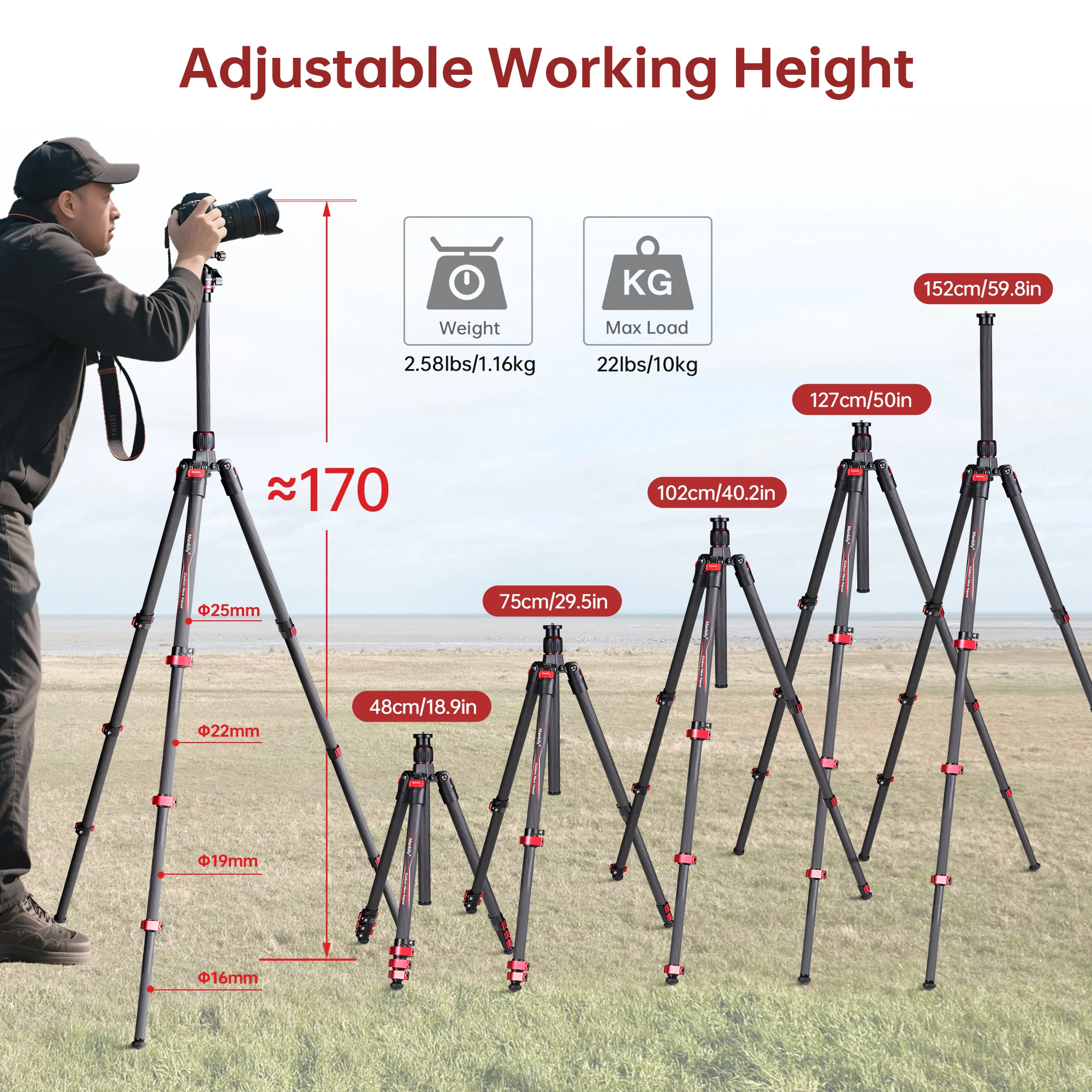 Manbily 42CM Lightweight Travel Tripods PH-20 Carbon Fiber Portable Tripod Without Ballhead for DSLR Camera