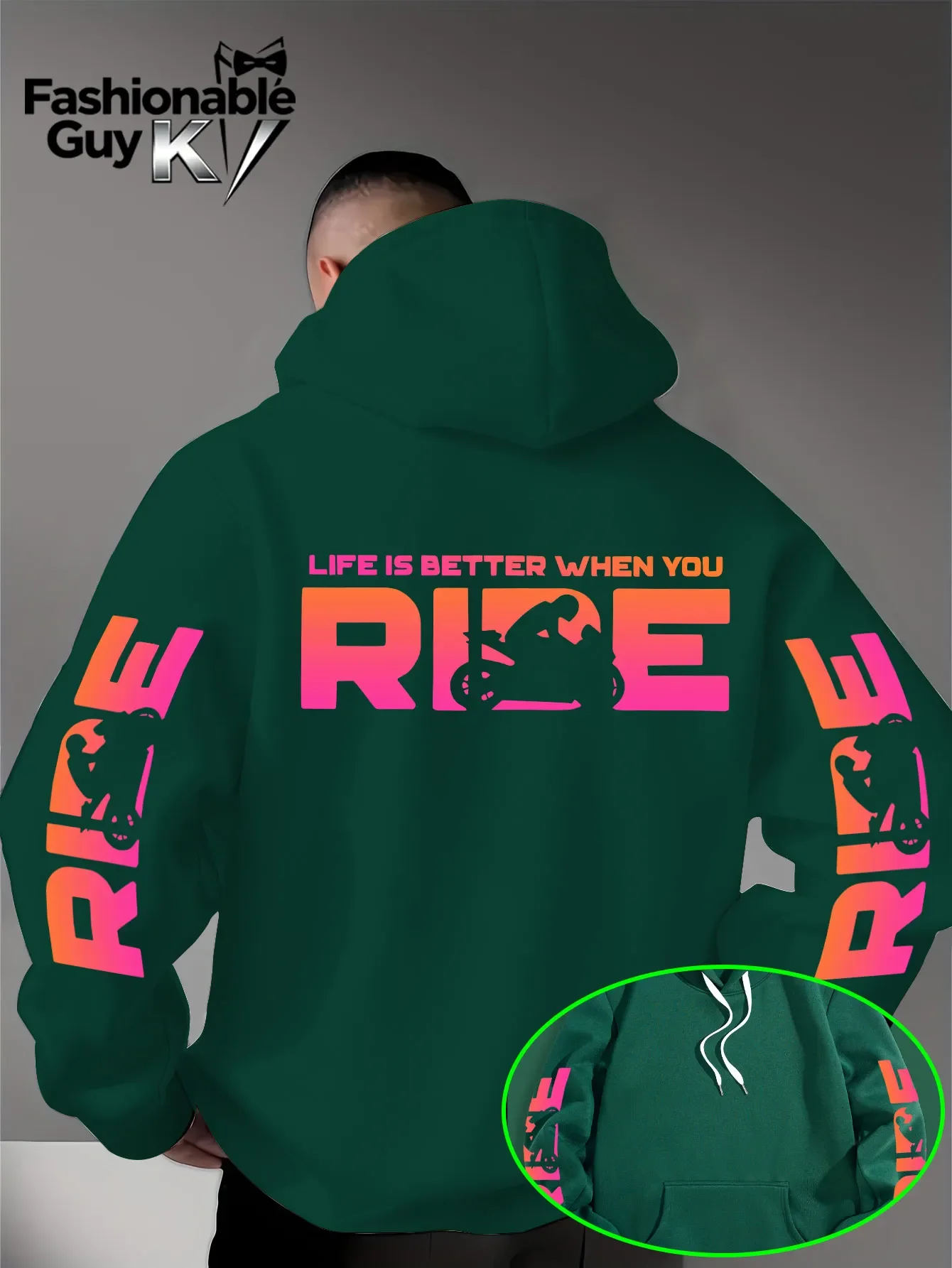 Men Biker Hoodie Life Is Better When You Ride Gradient Print Korean Popular Loose Fit Winter Fleece