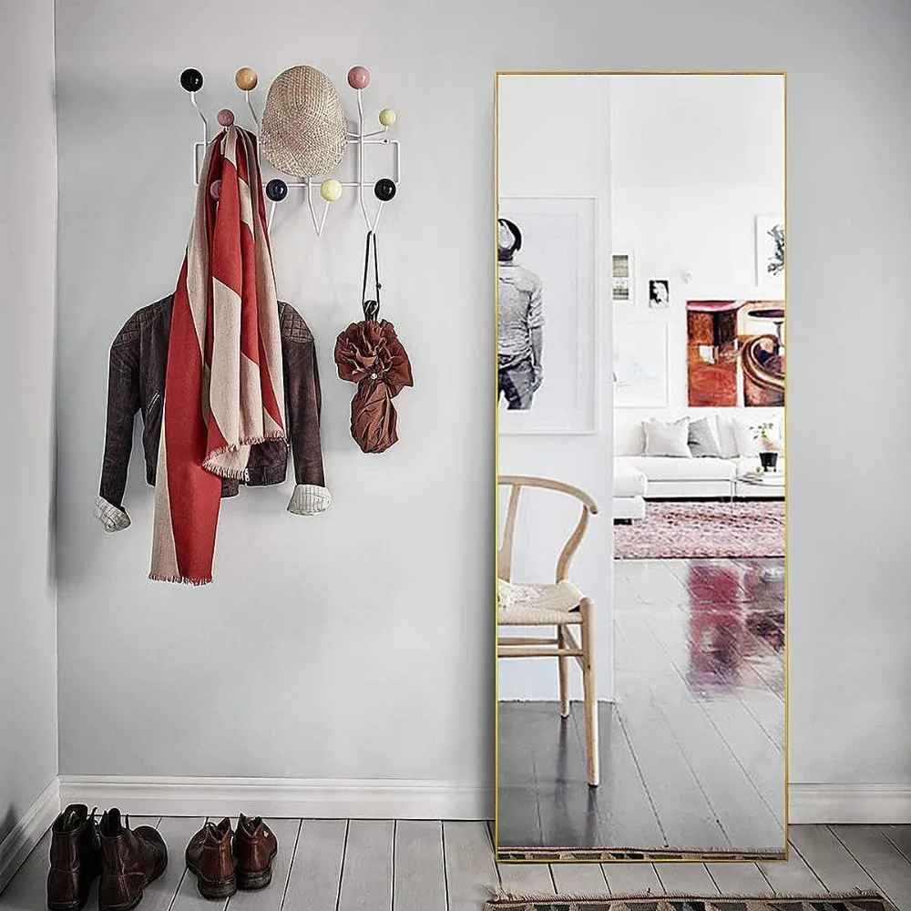 Gold Full Length Wall Mirror, 64 x 21 Freestanding, Bedroom or Dressing Room, Full Body Mirror with Stand