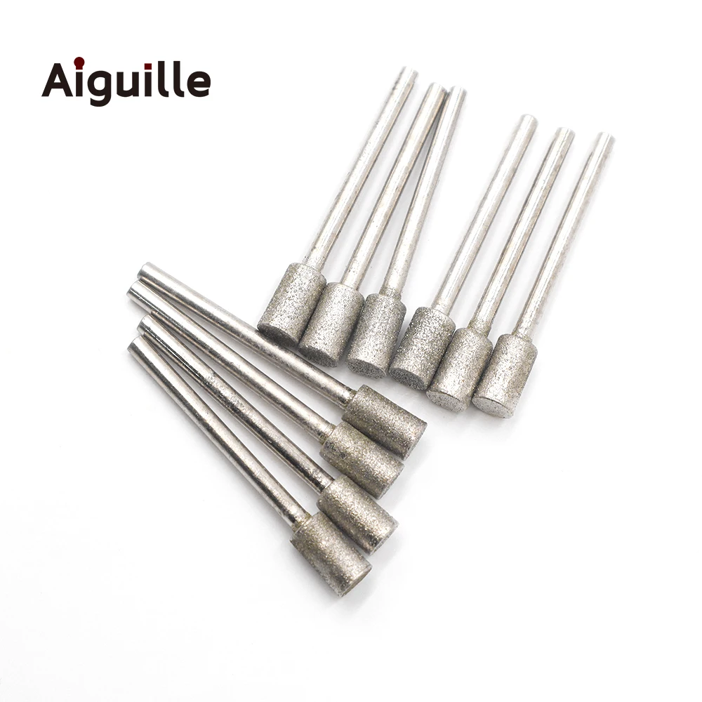 10pcs grit#120 3mm 3/4/5/6/8/10mm cylinder Diamond grinding burr abrasive bits grinding trimming polishing points dremel Bits