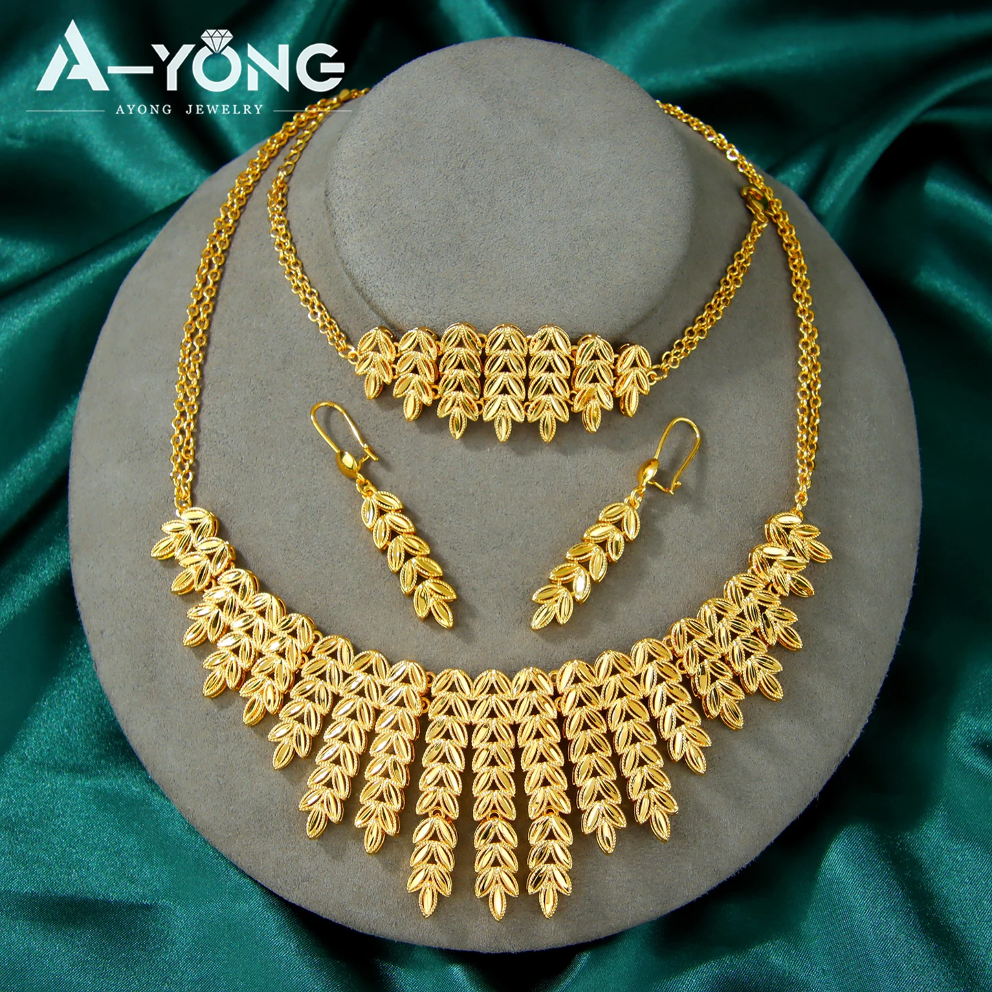 Arabic Muslim Bridal Wedding Jewelry Set 24k Gold Plated Multi Layer Leaf Necklace Bracelet Earrings Nigeria Vintage Jewelrys