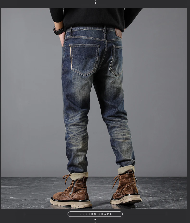Męskie jeansy ze ściętym denimem, slim fit, prosta nogawka, 99% bawełna, luźny krój w stylu retro, jesień 2025. |   Wszechstronne spodnie w stylu vintage