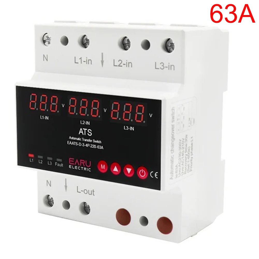 63A/100A 3 Phase 4 Wire Adjustable Over Under Voltage Protector ATS 3 Way Power Switch 220V Automatic Recovery Protective Device