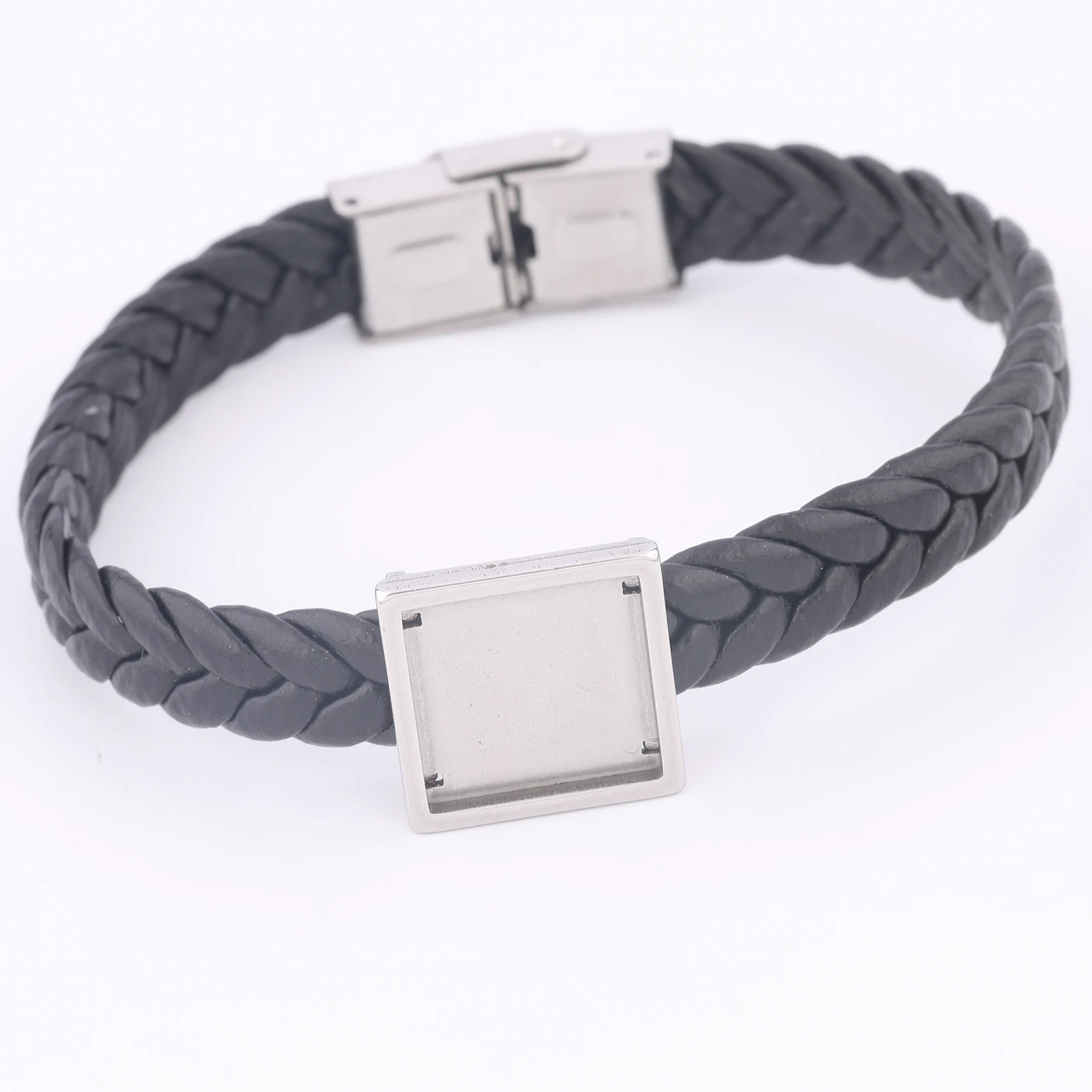 2pcs Stainless Steel Fit 15mm Square  Slider Cabochon Bracelet Base Blanks Diy Black Brown Leather Cord Bracelets Bezel Settings