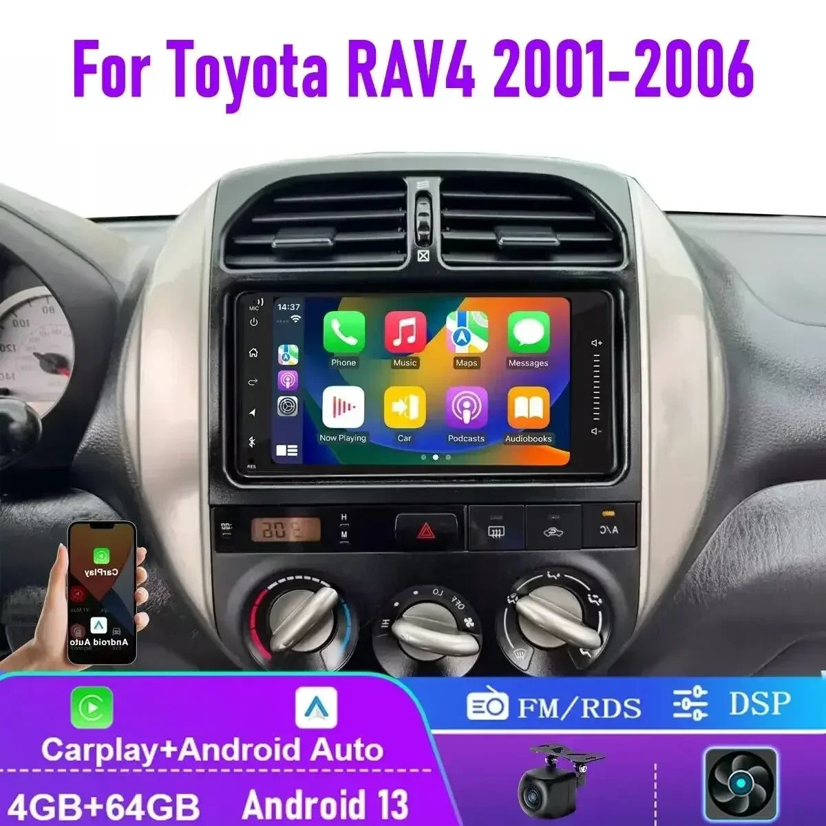 

7" Double Din Android 13 Apple Carplay 4+64GB Car Stereo Radio Head Unit for Toyota RAV4 2001-2006 GPS FM BT