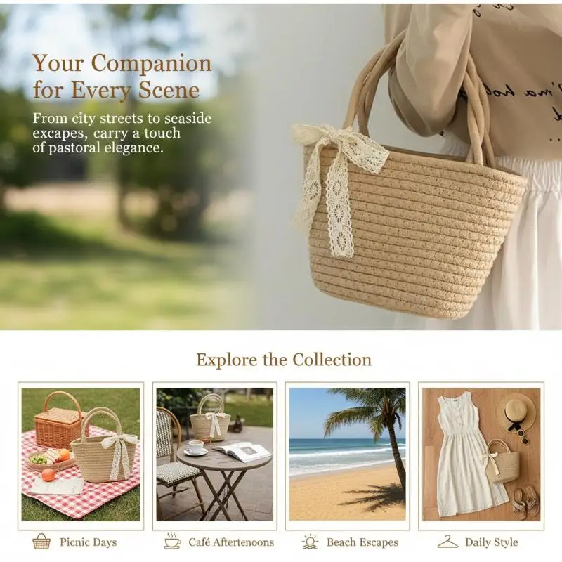 Woven Cotton Rope Tote Bag With Delicate Lace Bow Decor Sturdy Handles For Summer Beach Daily Shopping Casual Outings