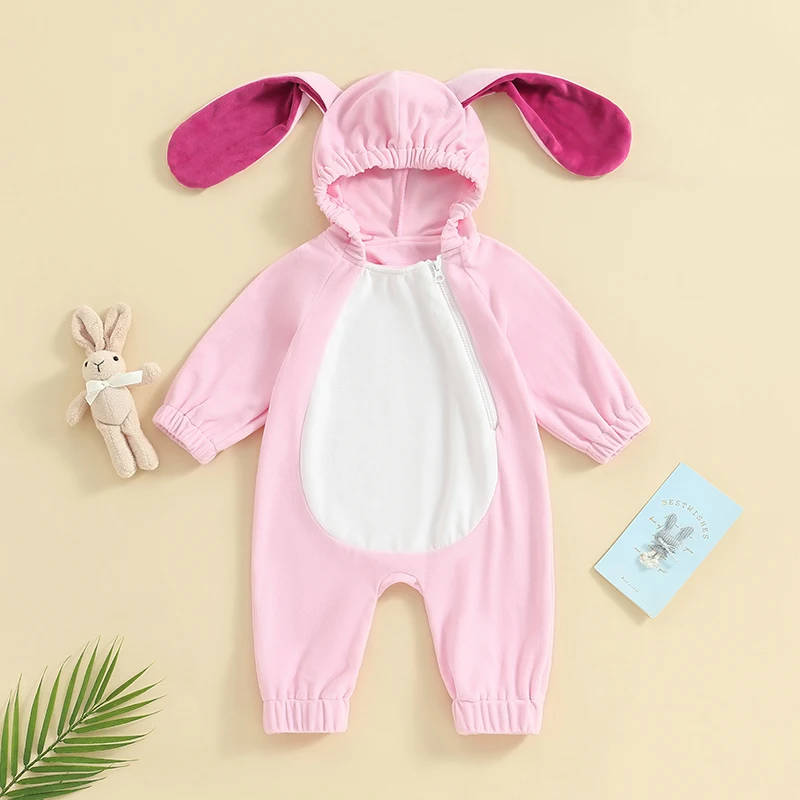 

Toddler Girls Easter Rompers Bunny Ears Hooded Zipper Long Sleeve Spring Toddler Jumpsuits Bodysuits Spring Fall Clothes