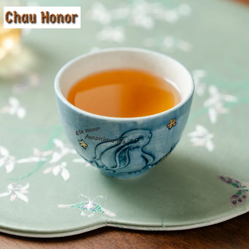 140ml Relief Golden Osmanthus Moon Rabbit Teacup Ancient Tea Bowl Set of Cups Tea-tasting Personal Cup Chazhan Master Cups
