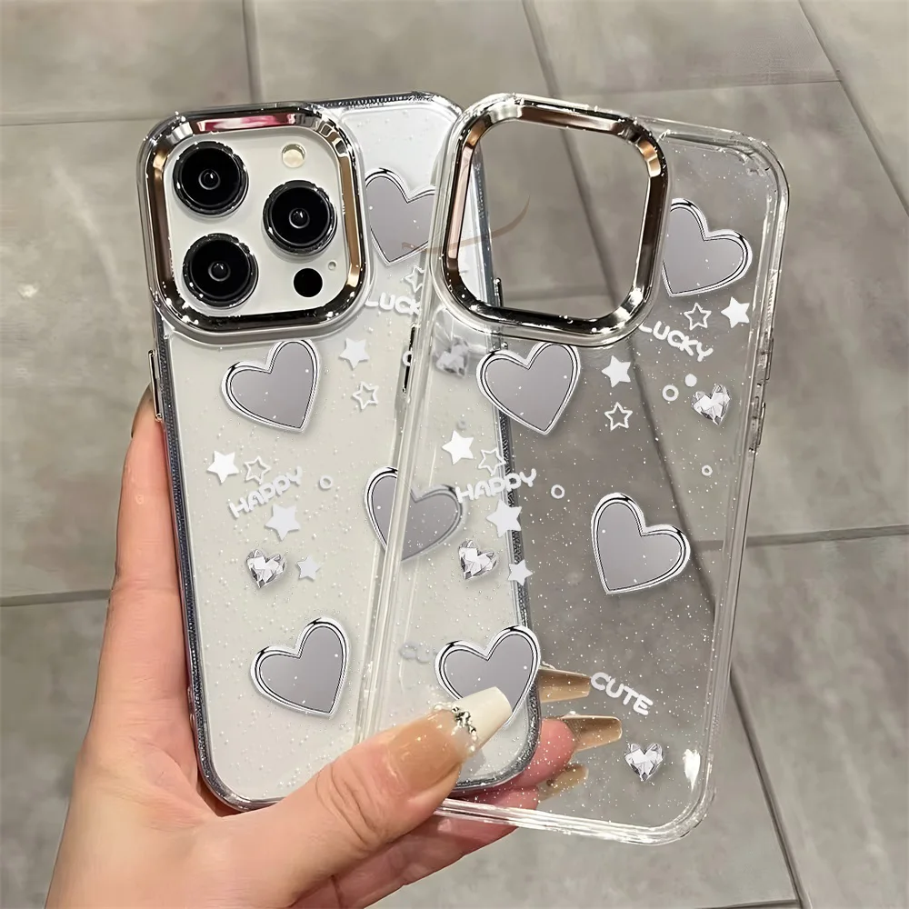 Silberne Herz-klare weiche Silikon-Handyhülle für iPhone 17 Pro Max 11, 13, 16, 15, 14, 12, luftstoßfeste, transparente Stoßstangen-Rückseite