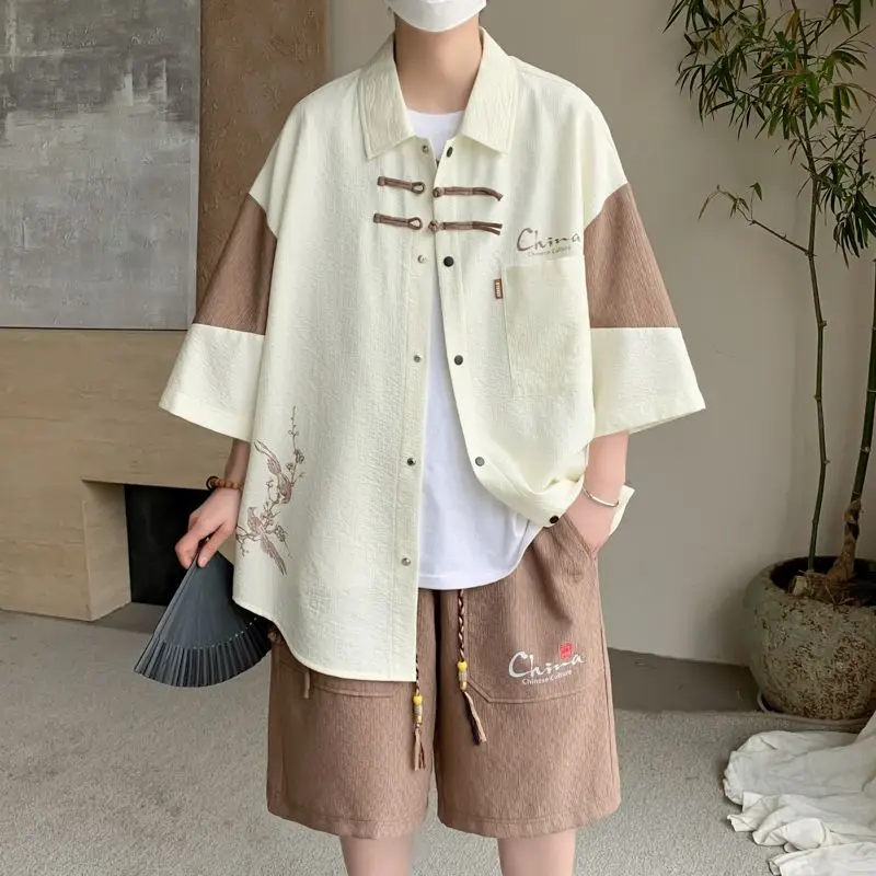 Summer men's new Chinese style Chinese retro suit men's short-sleeved loose shirt shorts trendy national style two-piece set