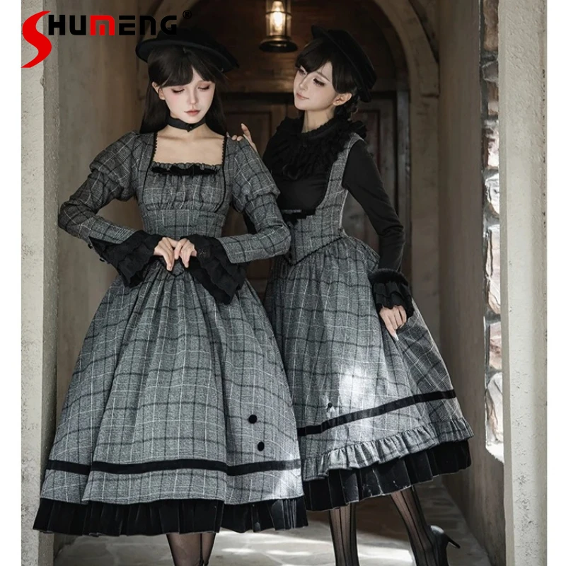 Japonais Lolita doux mignon Plaid arête de poisson poitrine soutien OP robe double vêtements 2025 automne Rojita minceur robes taille haute