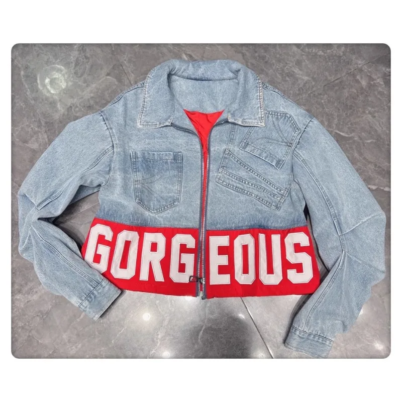 2025 Spring European Goods Heavy Industry Pocket Design Sense Letter Embroidery Color Matching Jacket Trendy Denim Jacket Women