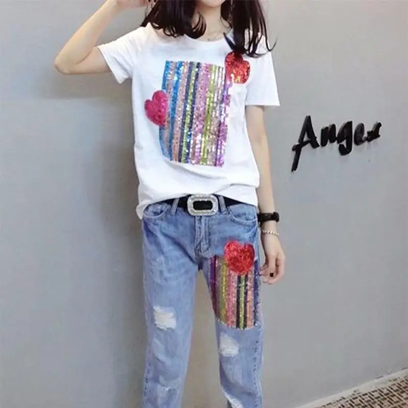 Imagem -04 - Conjunto de Calças e Camiseta de Manga Curta com Estampa Vintage Feminina Calças Jeans Largas Roupas Elegantes de Verão Casuais Peças