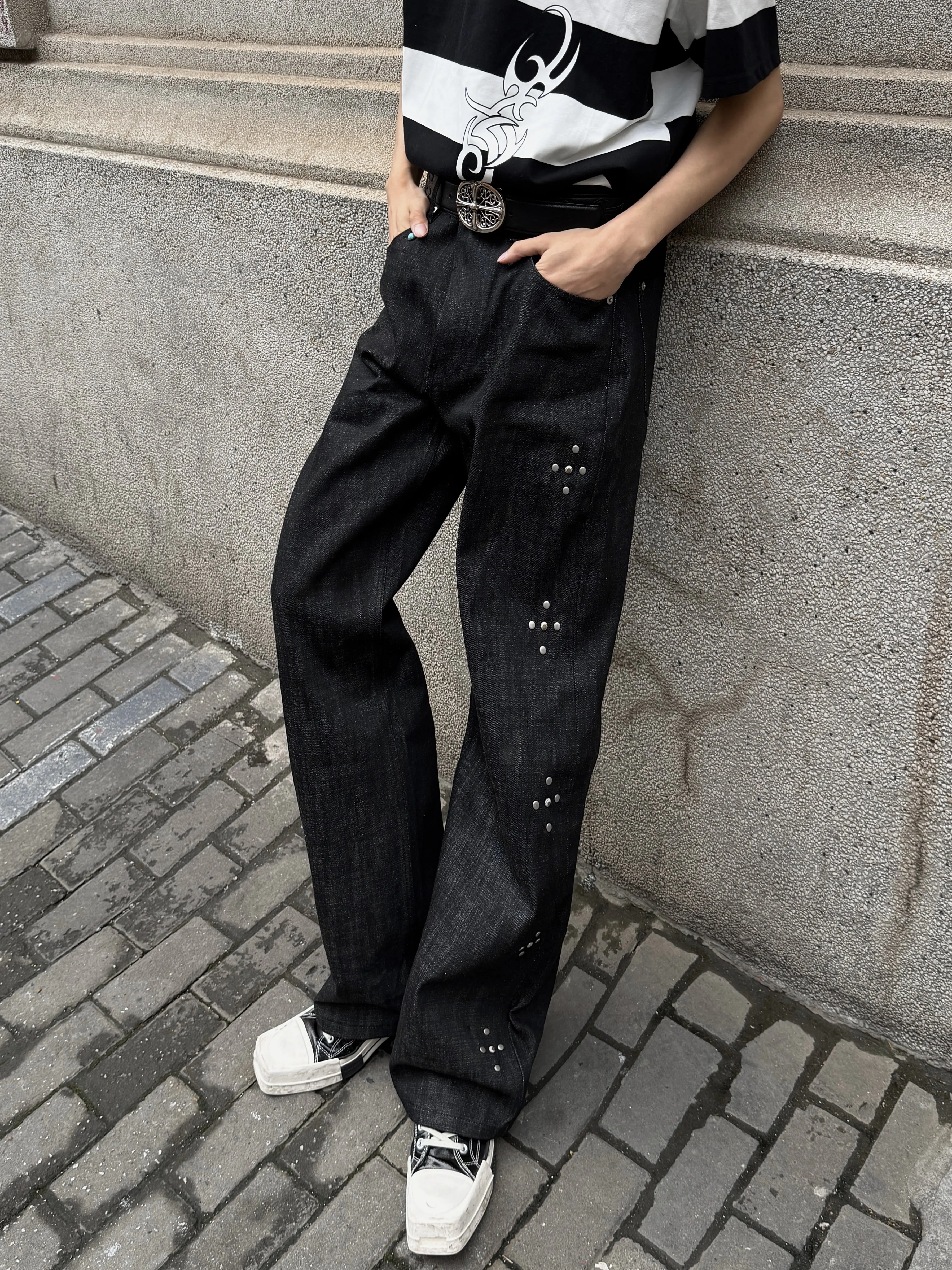 American High Street Retro Original Jeans Narrow Red Ear Heavy Duty Rivet Turquoise Casual Straight Leg Jeans Men's Loose Fit