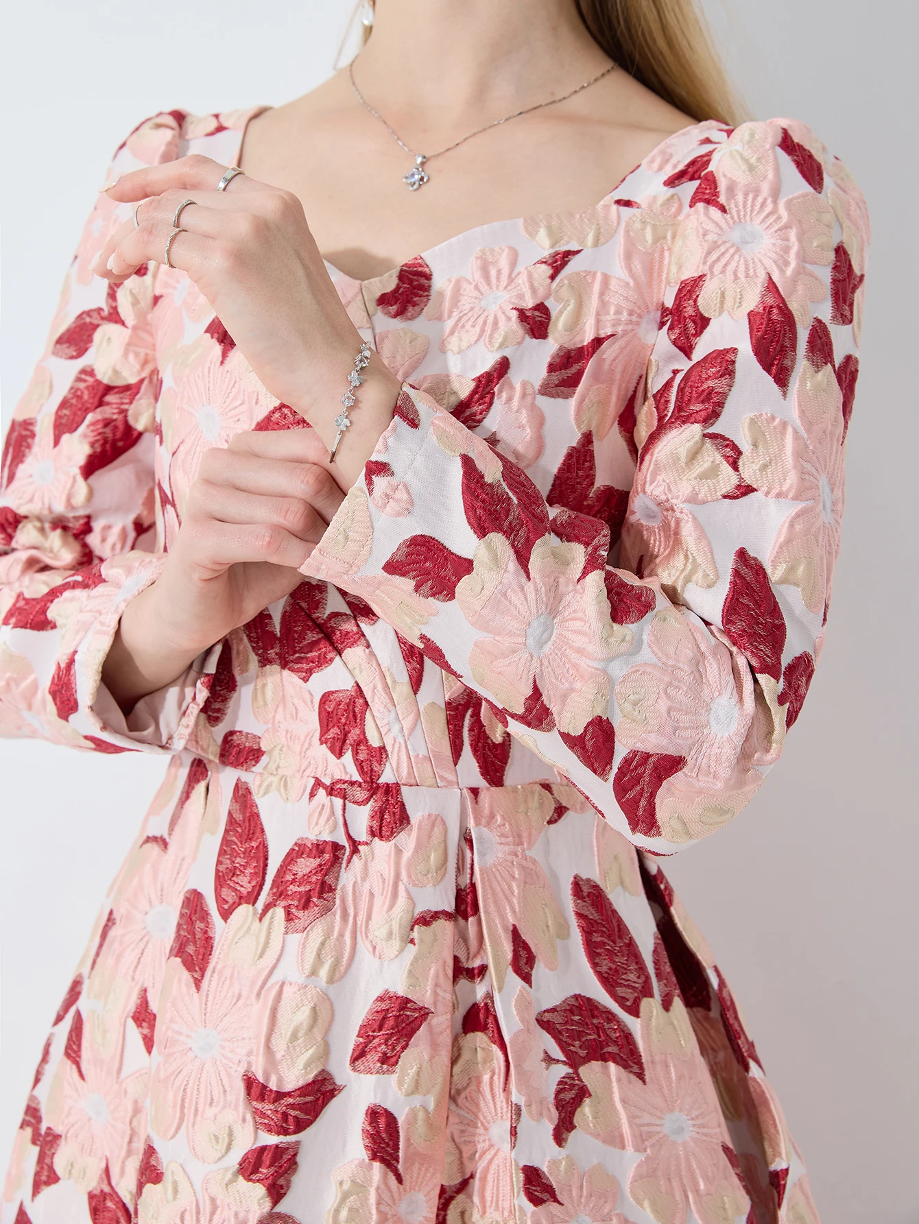 DEVCHATA 우아한 여성용 긴 소매 맥시 원피스 보호 꽃 자카드, 파티 캐주얼 의류, 볼 가운, 패션