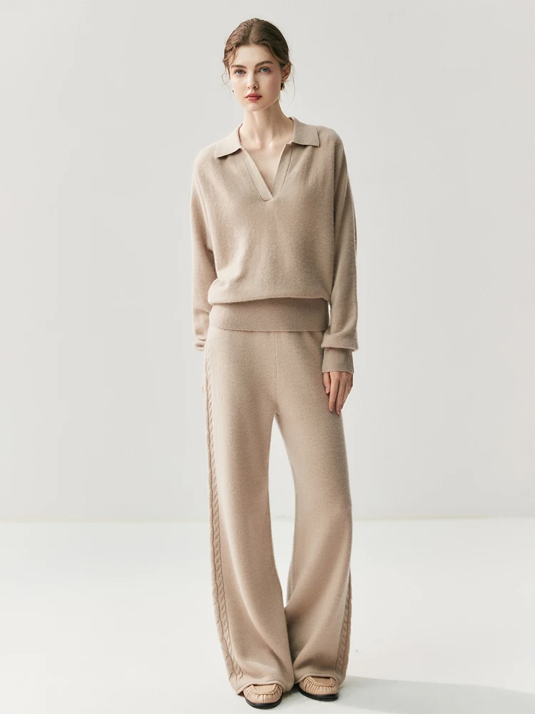 Yoyoselect 100% Cashmere Women's Trousers Loose Wide Leg Pant Autumn Winter Thickened Side Twist Warm Elegant Solid Color Pants