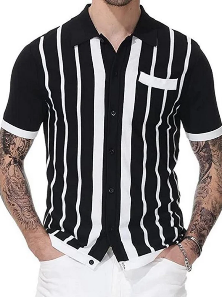 2022 Summer Short Sleeve Knitted Polo Shirt Casual Men Button-up Turn-down Collar Tops Mens Fashion Striped Polos Man Streetwear