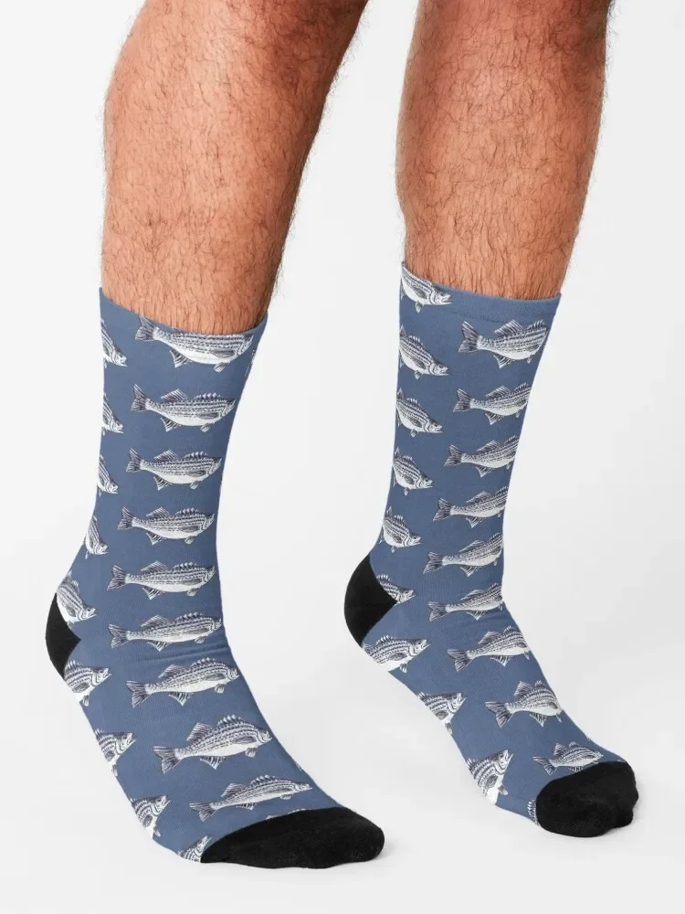 Chaussettes de poisson de bar rayé "Pé" en bleu ardoise pour hommes et femmes, chaussettes de Noël à la mode, chaussettes d'été de luxe