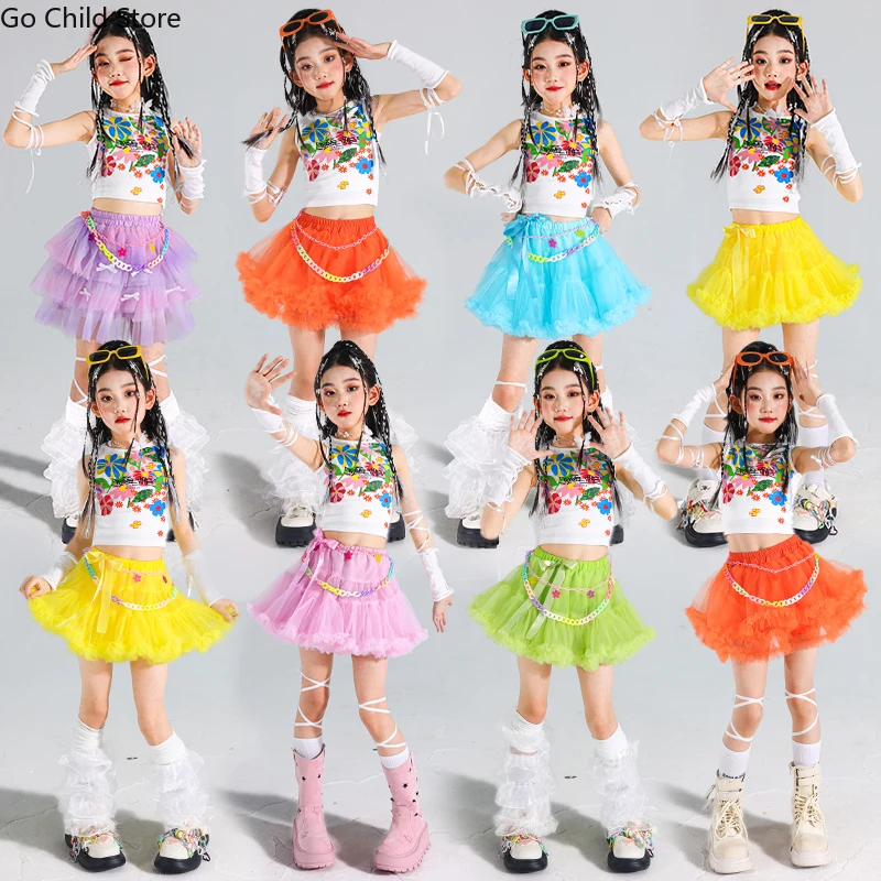 Girls K-pop Crop Top Sweet Colorful Layered Skirts Kid Hip Hop Streetwear Child Jazz Costume Girl Group Street Dance Clothes Set