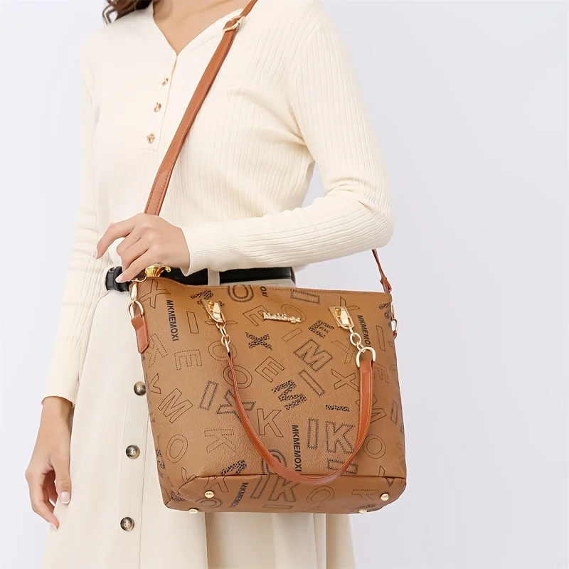 6pcs Women Retro Letter Print Shoulder Bag Suit Fashion Handbag Wallet Key Bags Multifunctional Storage Large Capacity Tote Bags