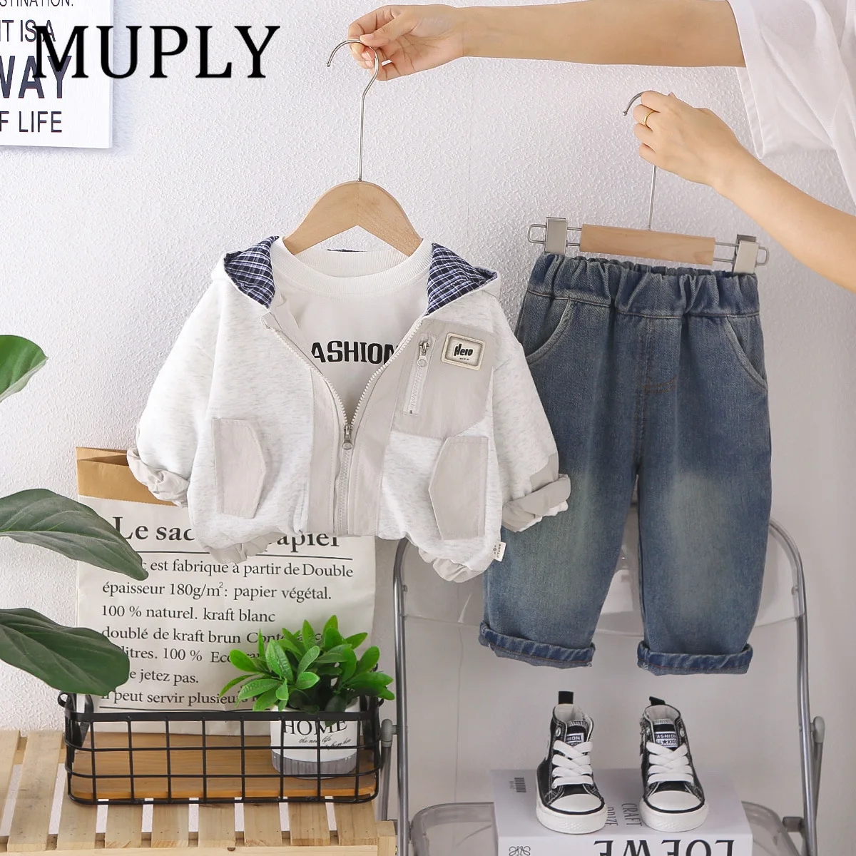 Toddler Baby Boys 3Pcs Outfit Set Hooded Spliced Zipper Jacket Letter Print T‑Shirt Denim Pants Spring Autumn Kids Clothing