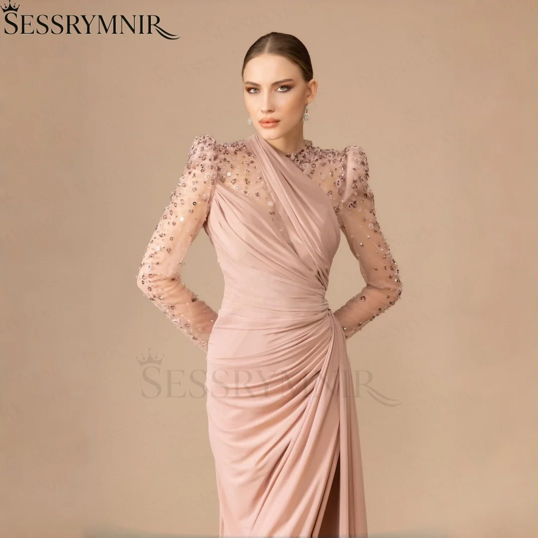 SESSRYMNIR Women'S Formal Evening Gowns Customize Scoop Neck Pink Women Evening Dress Long Sleeves A-Line Sweep Train Elegant