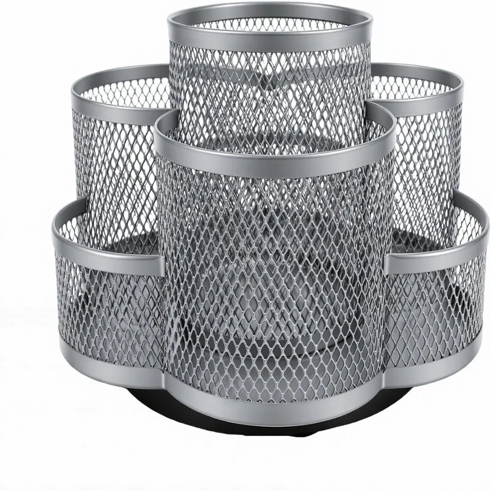 Mesh Rotating Pen Holder Multi Grid Cylindrical Metal Makeup Brush Holder Metal Silver Rotatable Cosmetic Container