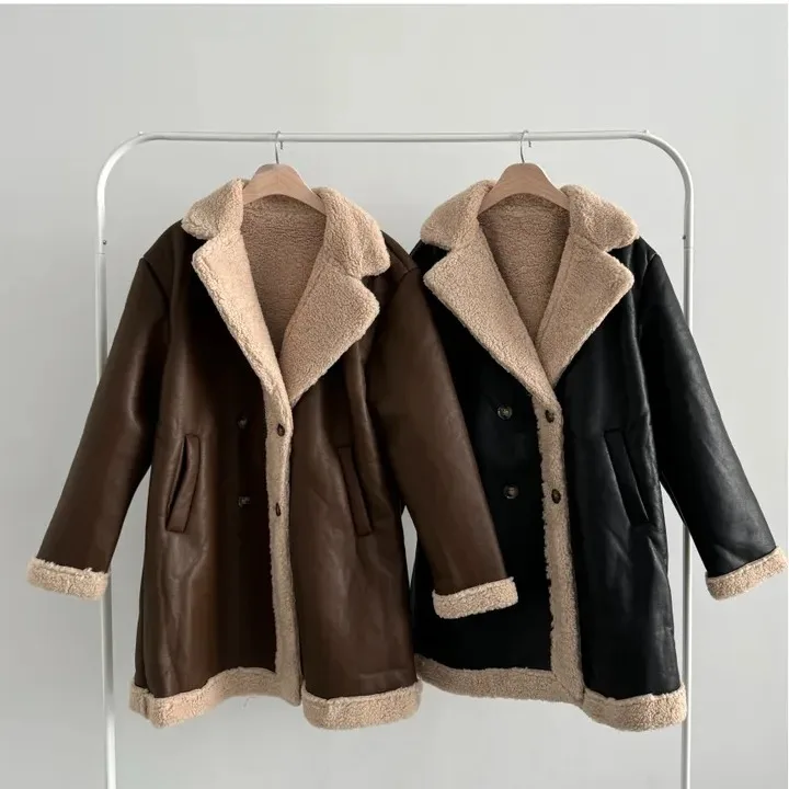 معطف شتوي نسائي من Thiened Fce مبطن متوسط الطول من الجلد Jaet بتصميم كوري أنيق من جلد eepskin طويل Sve #4