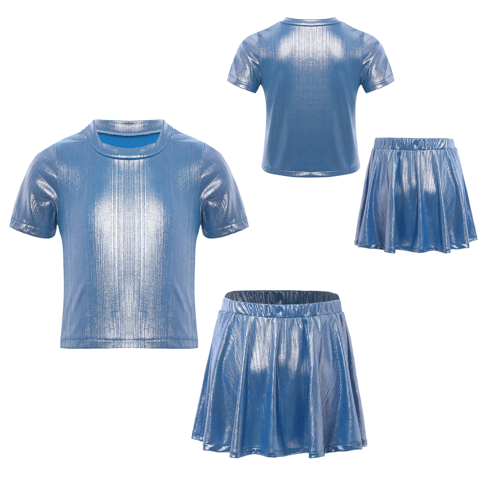 

Girls Dance Stage Performance Costume Short Sleeve Metallic Sparkle Crop Top Ruffled Skirt for Hip-Hop Jazz Latin Ballet Dance