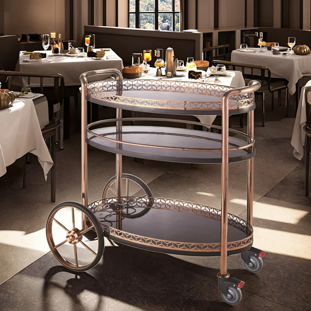 Luxury Modern Rose Gold 4-Wheel Stainless Steel Liquor Trolley 3-Tier Wine Storage Fire-Proof Plate For Hotel Restaurant Home