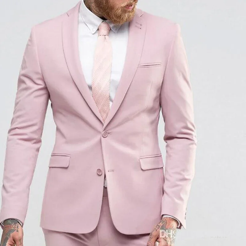 Pink Slim Fit Prom Suits For Men 2 Piece Casual Groomsmen Tuxedo For Wedding With Notched Lapel Custom Male Fashion Clothes Set