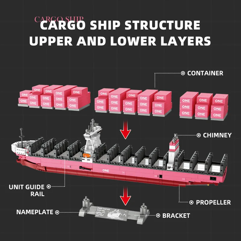Blocchi di costruzione per navi da carico rosa ONE SPARKLE Modello di nave da trasporto Creatività Mattoni Giocattoli Regali