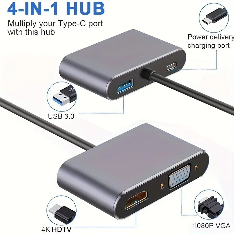 4in1 Type C Adapter Hub To HDTV VGA USB 3.0 Digital AV Multiport Adapter With TYPE-C PD Charging Port Compatible