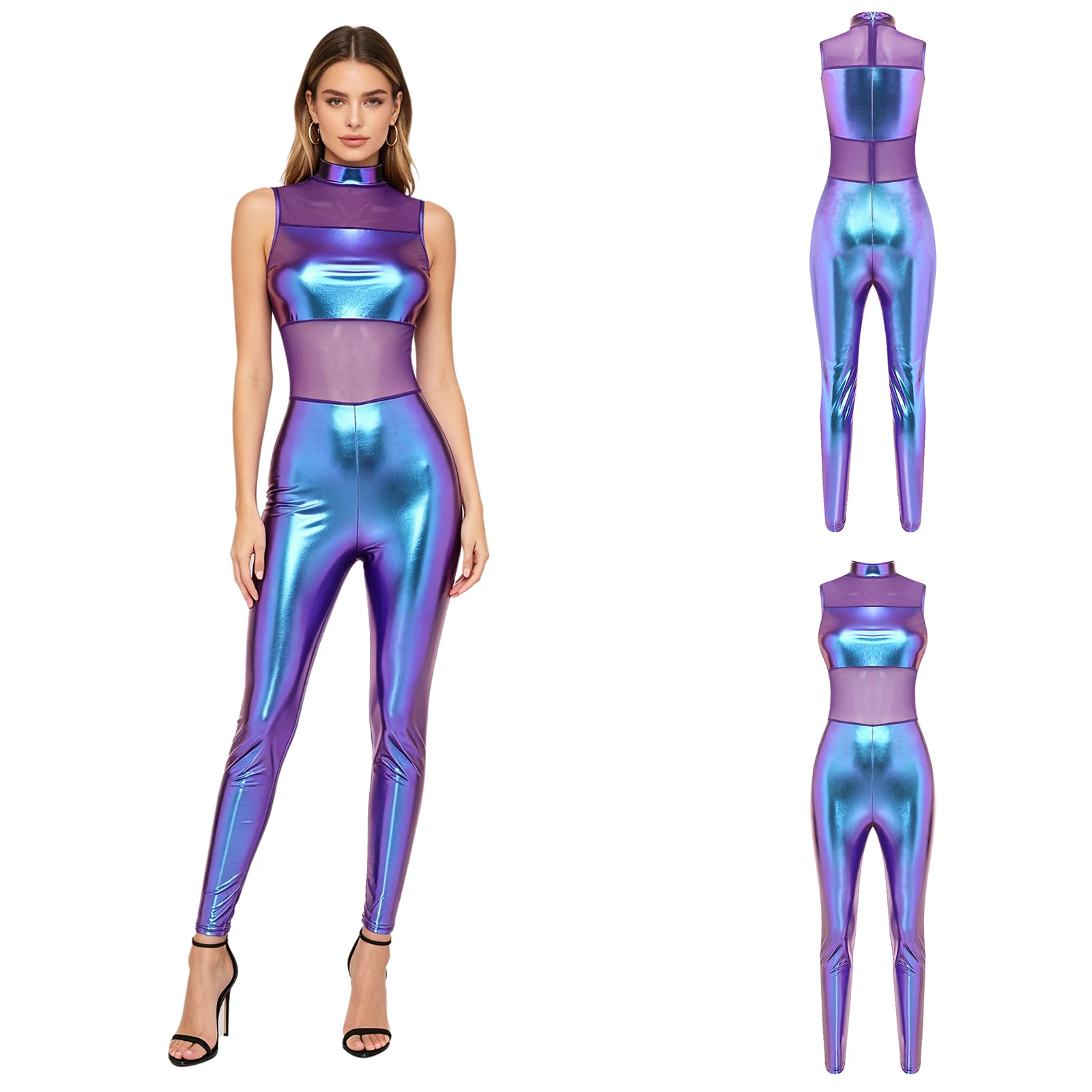 

Women Metallic Shiny Clubwear Jumpsuit with Sheer Mesh Patchwork Mock Neck Sleeveless Skinny Leggings One Piece Bodysuit Catsuit