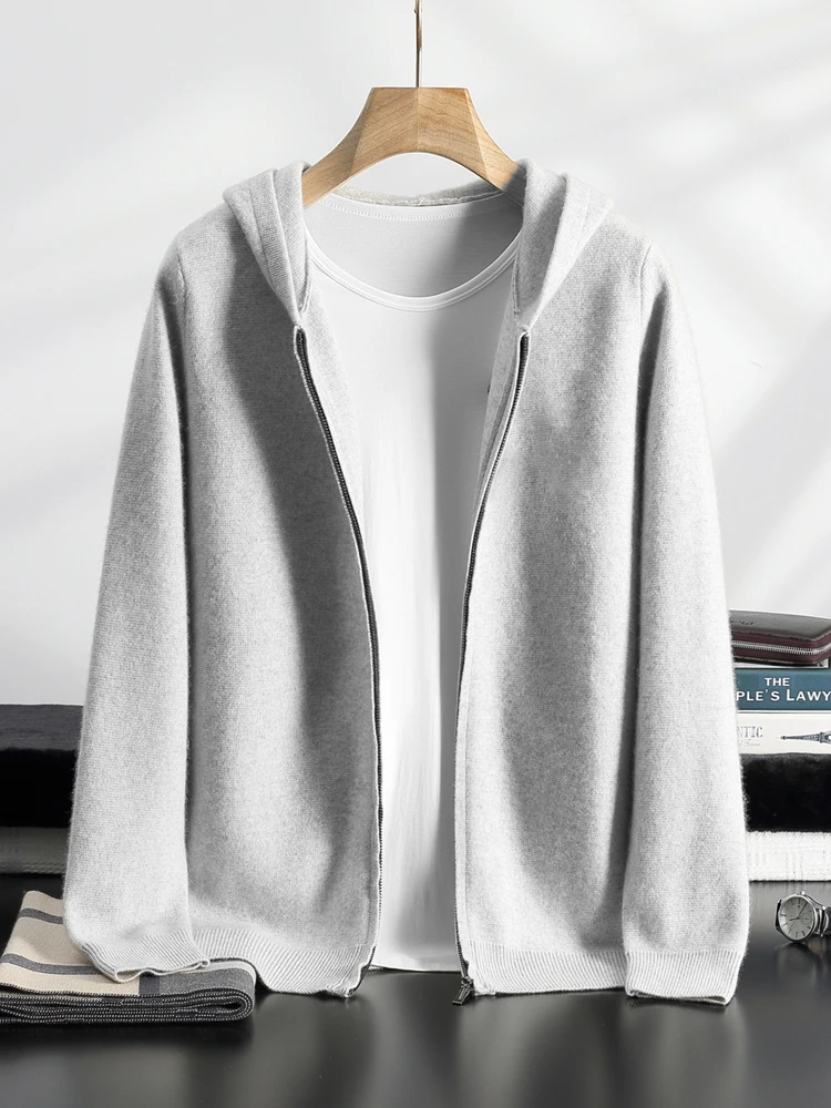 

100% Cashmere Sweater High Quality Men's Autumn Winter Zipper Knitted Coat Thick Hooded Cardigan Popular Casual Solid Color Tops