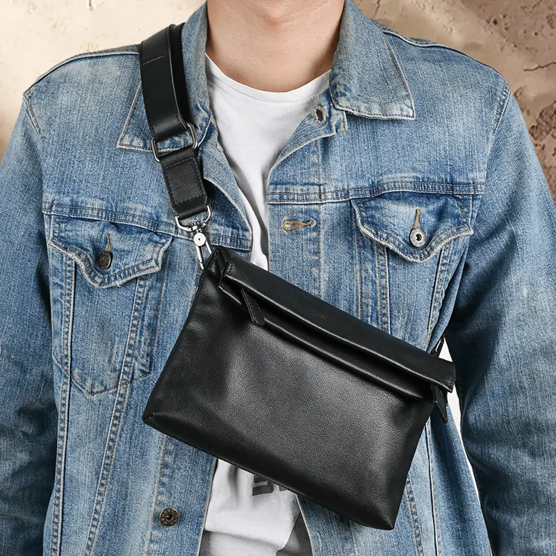 Men's Pebbled Cow Leather Crossbody Bag Fold Over Closure Adjustable Strap Black Casual Streetwear Bag Large Phone Wallet Pouch