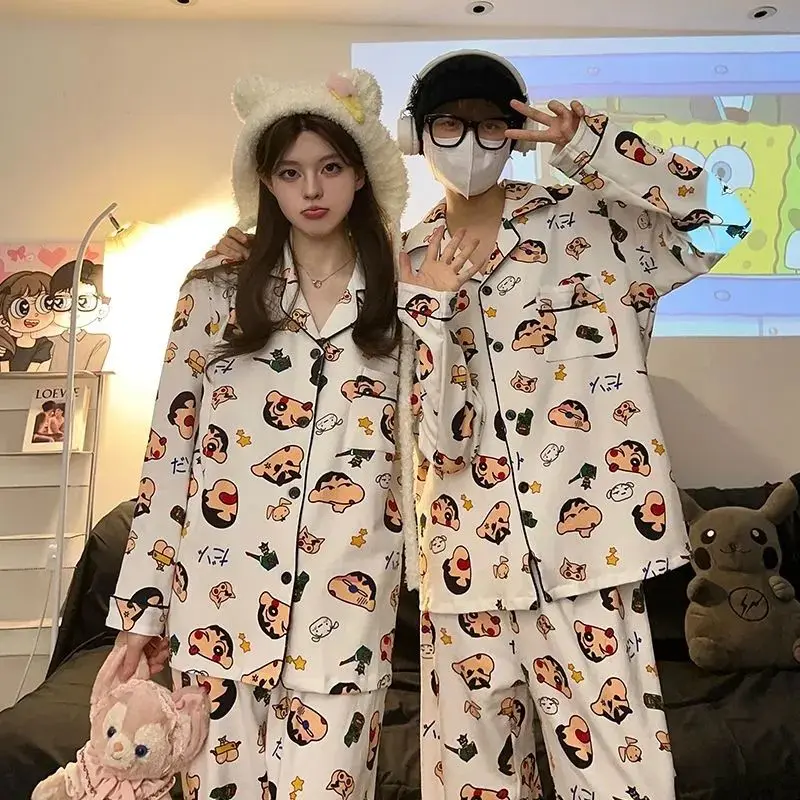 Men's and Women's Summer Crayon Shin Chan Pajamas Cartoon Couple Long Sleeve Long Pants Loose Home Clothing Set Comfortable