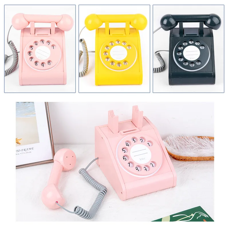 Wooden simulation antique turntable telephone, children's interactive home play, creative landline phone, piggy bank, telephone