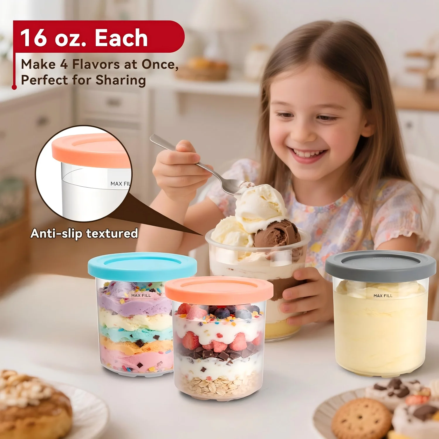 Ice Cream Pint Containers for Ninja NC299AMZ NC300s BPA-Free Dishwasher Safe Ice Cream Maker Replacement Accessory