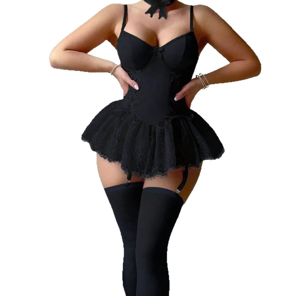 

New Arrival Retro European & American Style Pure Desire Sexy Deep V-Neck Lace Trim Women's Bodysuit Lingerie Exotic Apparel