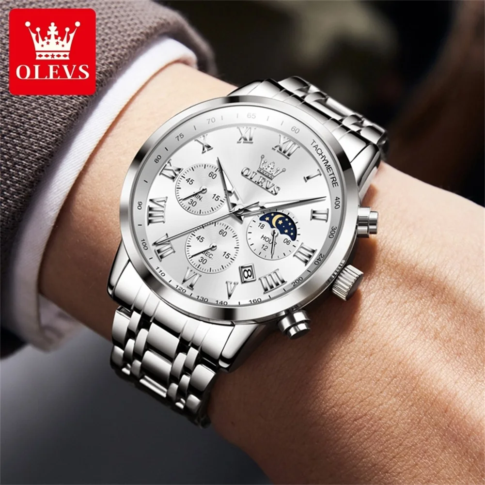 OLEVS Men\'s Watches Original Fashion Roman Numeral Dial Quartz Wristwatch Waterproof Luminous Moon Phase Date Chronograph New