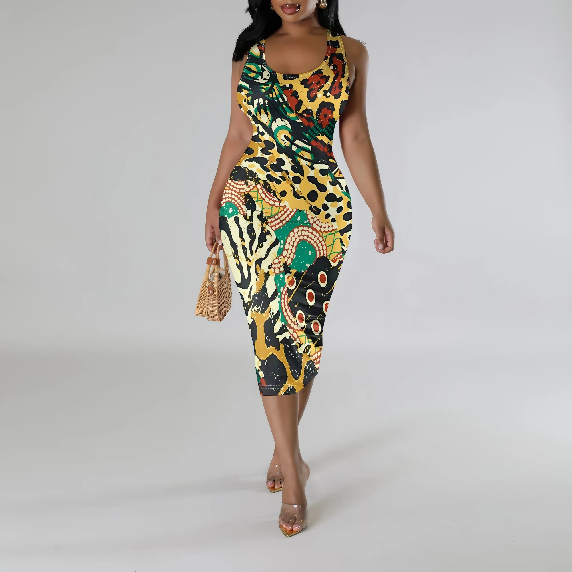 

Nupusa Women's Sleeveless Midi Dress Exotic Print for Fashion Events