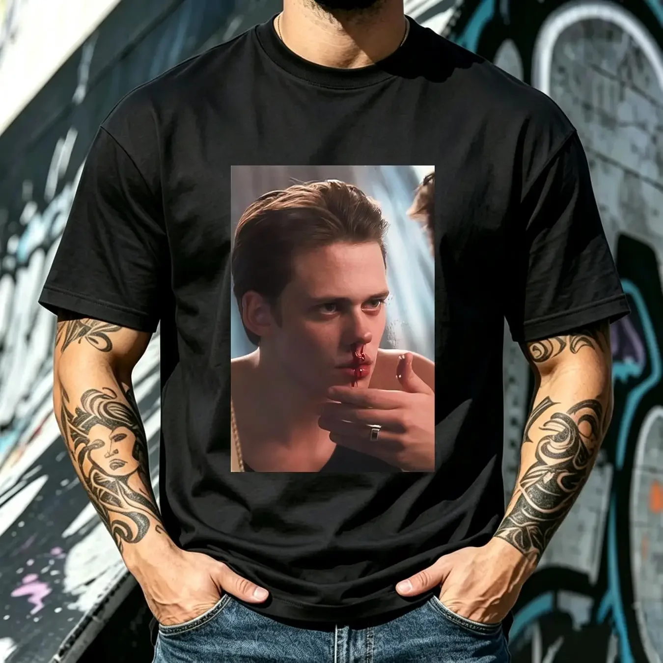 washed T Shirt Actor Portrait Bill Skarsgard Cool Retro Rock Vintage For Him vintage Washed streetwear Slightly Unisex