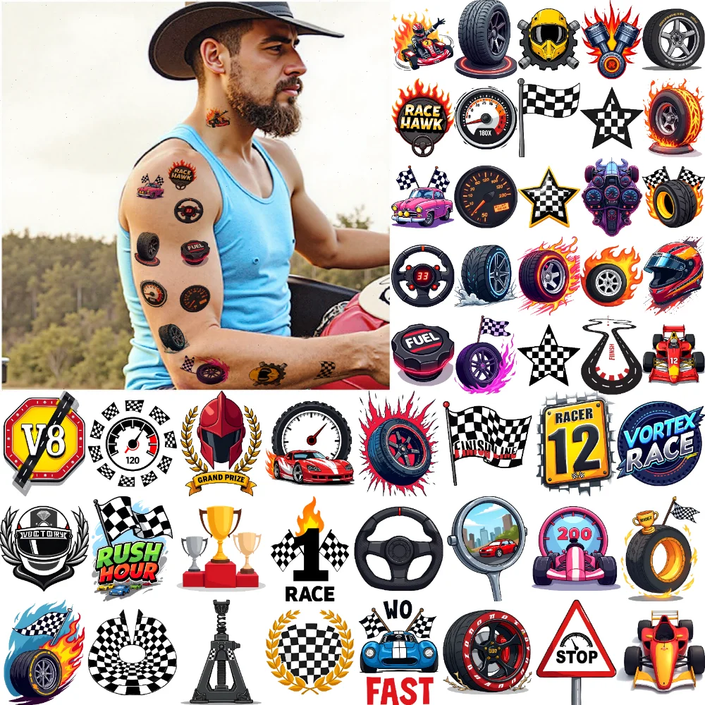 

63 шт., временные татуировки, гоночные наклейки, мультяшные автомобильные эмблемы, водонепроницаемые долговечные наклейки на тело для мужчин, руки