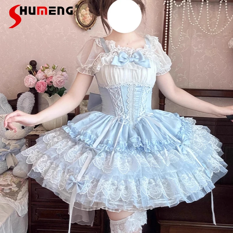 

Blue Lolita Style Princess Dresses JSK Japanese Girls Sweet Cute Lace Bow Sling Dress Women's Ballet Style Mini Puffy Dress